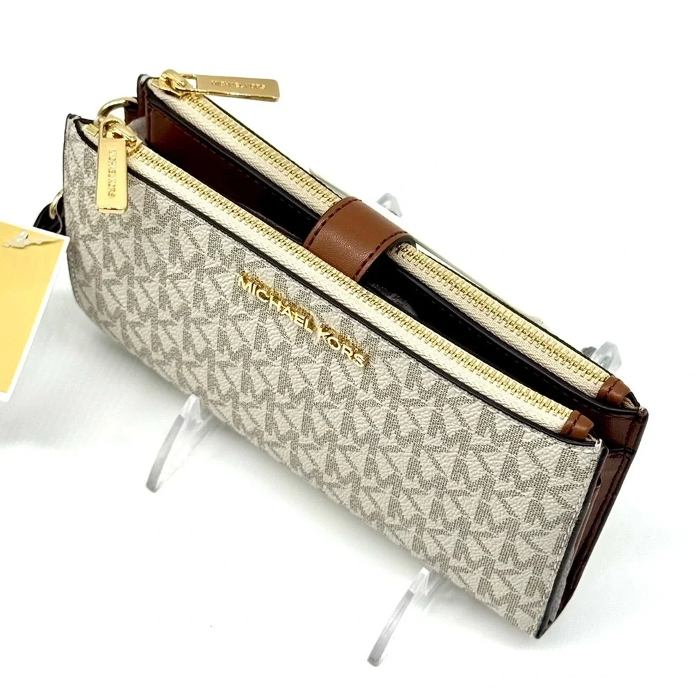 Michael Kors Large Jet Set Travel Signature Double Sip Wallet Wristlet - Vanilla